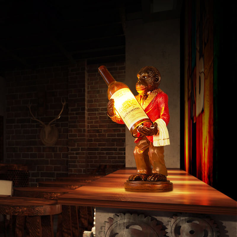 Retro Monkey Resin Wine Bottle Table Lamp — Red / 220V-240V For UK/AU