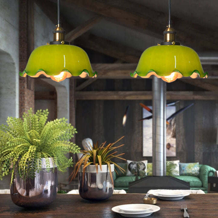 Vintage Green Glass Dome Pendant Light