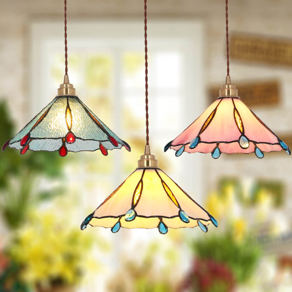 Vintage Tiffany Stained Glass Umbrella Pendant