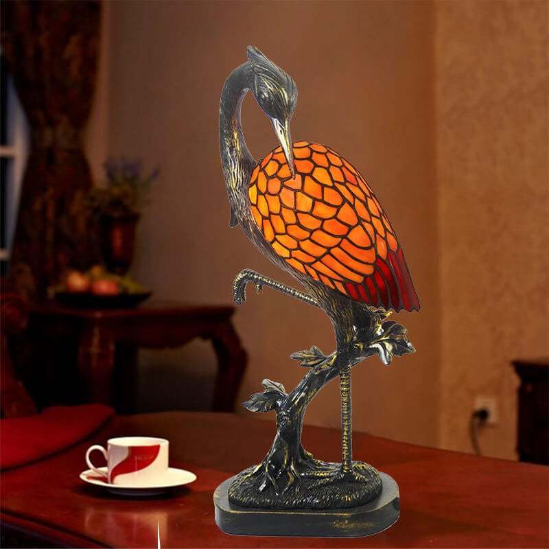 Vintage Tiffany Crane Stained Glass Table Lamp