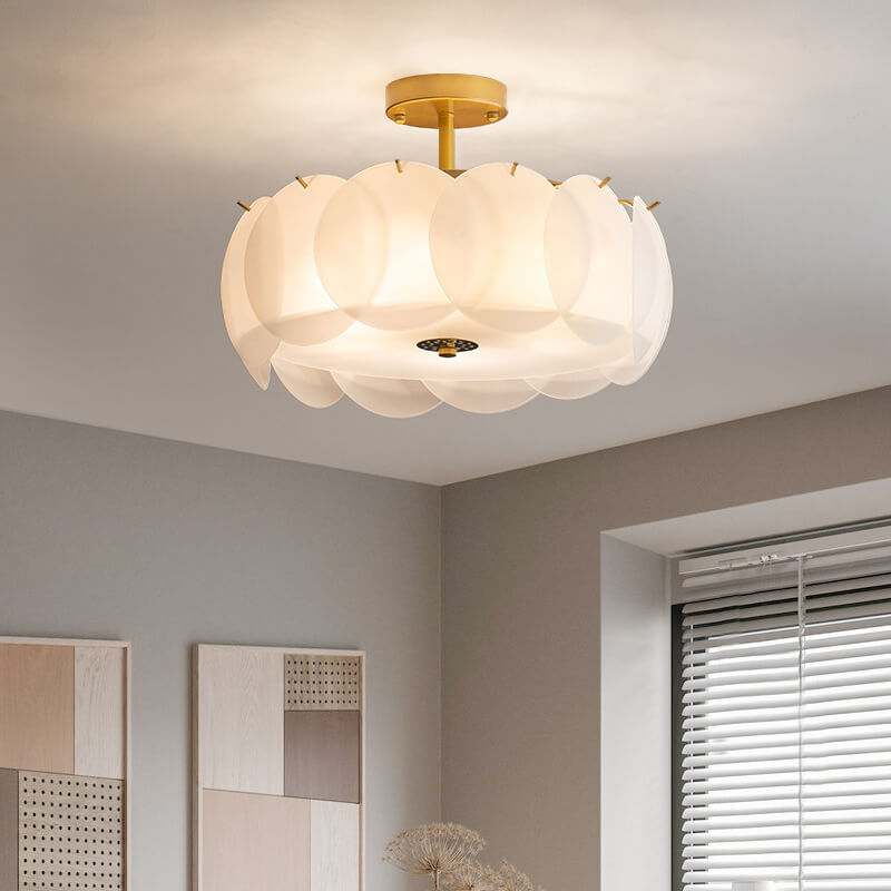 French Glass Round Drum Ceiling Light