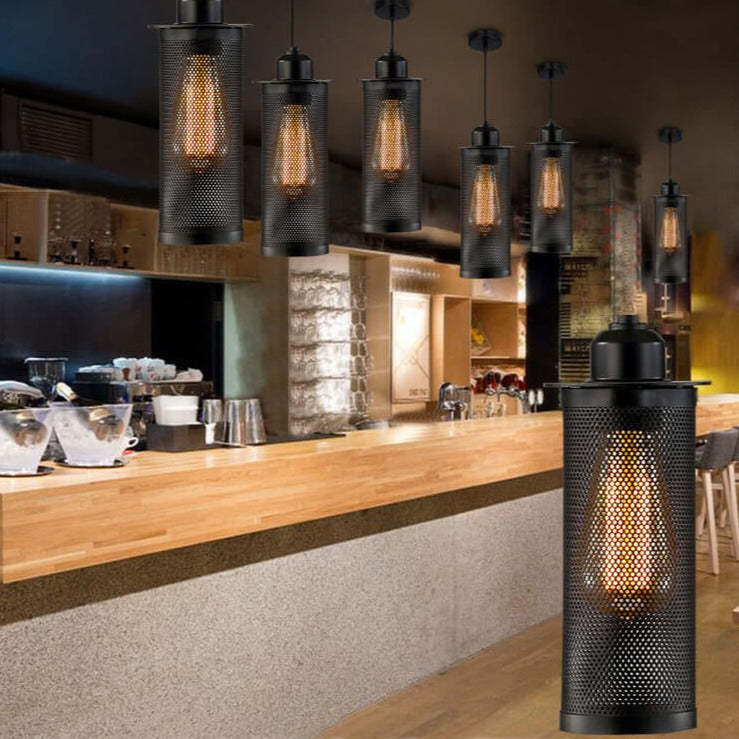 Vintage Wrought Iron Mesh Cylinder Pendant Light