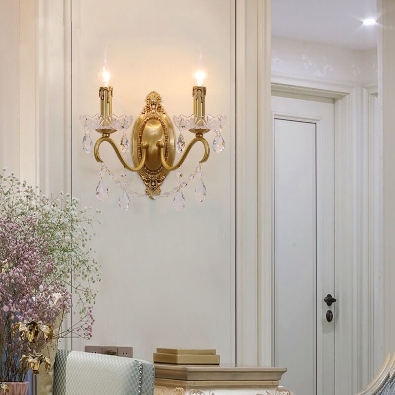 French Vintage Brass Crystal Candle Sconce