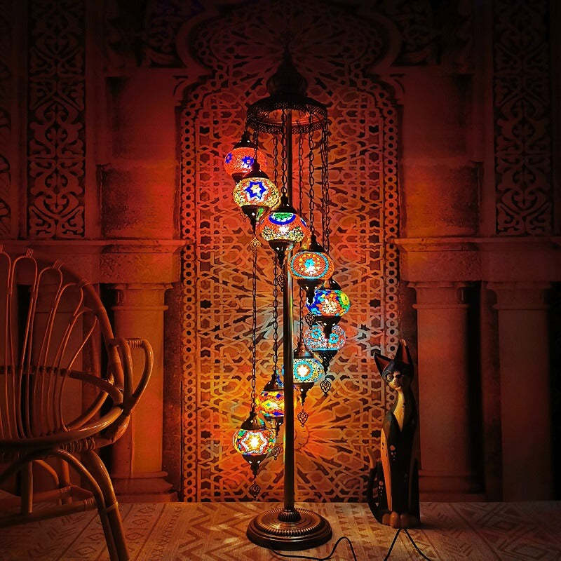 Retro Turkish Moroccan Globe 9-Light Floor Lamp — 110V-120V For US/CA / Orange