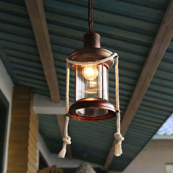 Vintage Hemp Rope Lantern Oil Lamp Iron Pendant