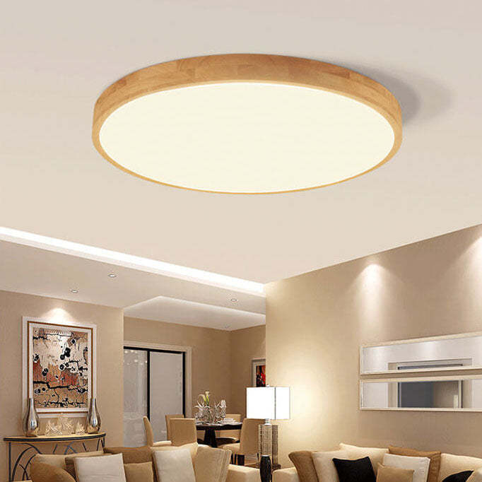 Nordic Solid Wood Round Ultra-Thin LED Flush Mount Light