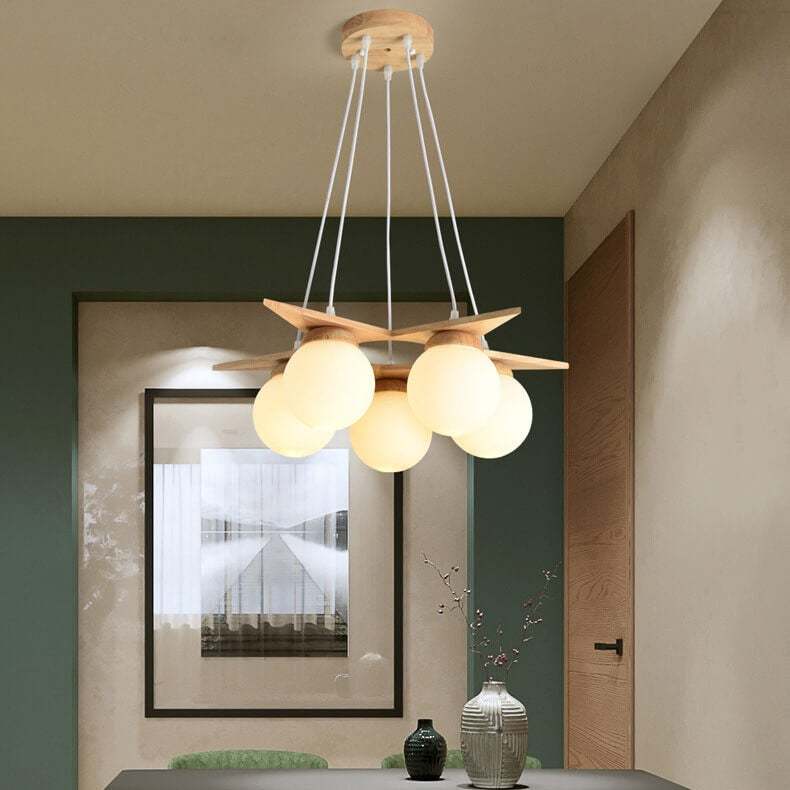 Modern Solid Wood Frosted Glass Ball Chandelier — 3 / Warm Light (3000K) / 220V-240V For UK/AU