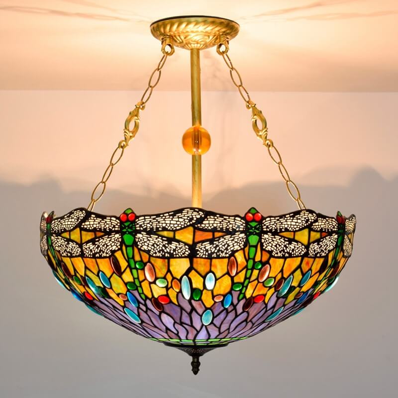 Vintage Tiffany Dragonfly Stained Glass Chandelier