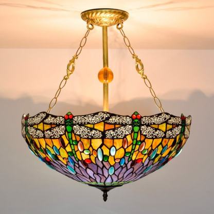 Vintage Tiffany Dragonfly Stained Glass Chandelier