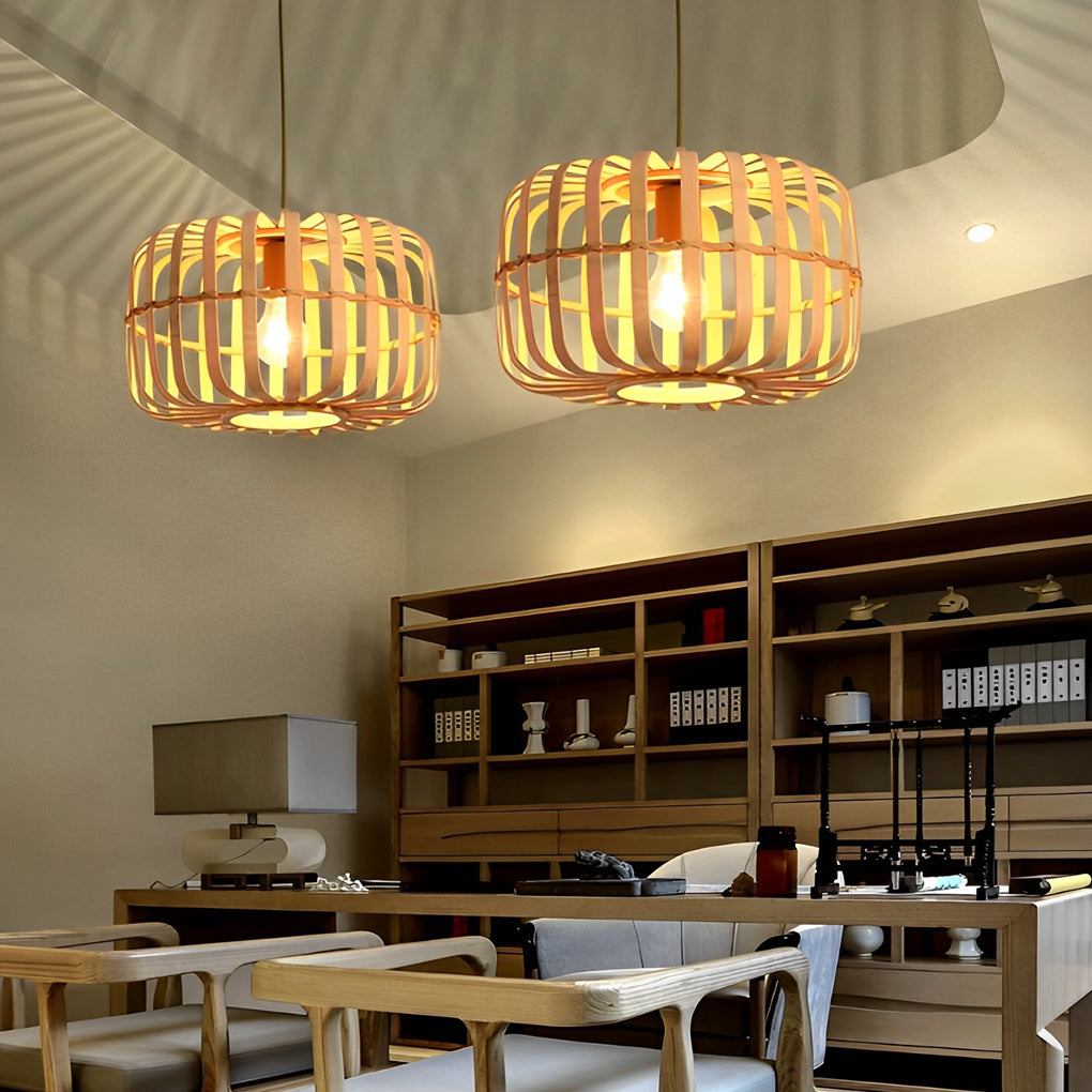 Rectangle Bird Cage Burlywood Bamboo Pendant Ceiling Light