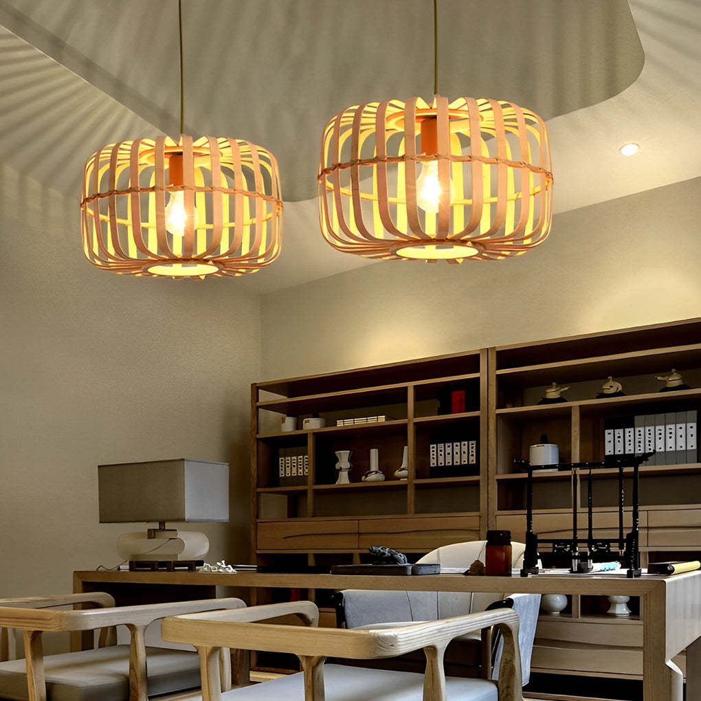 Rectangle Bird Cage Burlywood Bamboo Pendant Ceiling Light