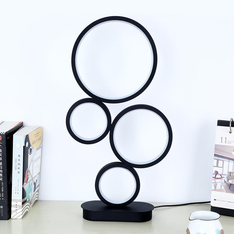 Minimalist 4-Ring LED Table Lamp — Remote Control Switch / Warm Light (3000K) / Black