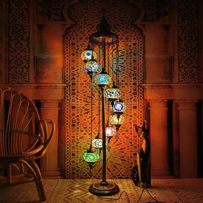 Retro Turkish Moroccan Globe 9-Light Floor Lamp — 110V-120V For US/CA / Red
