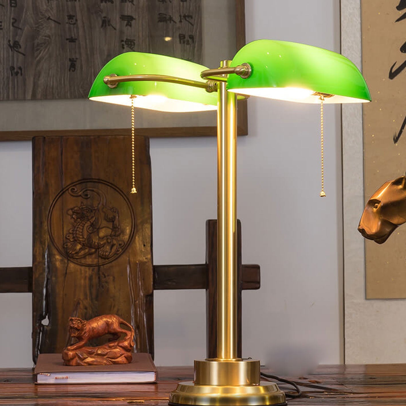 Vintage Green Brass Bank Pull Cord Lamp