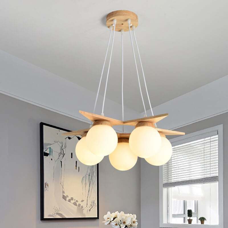 Modern Solid Wood Frosted Glass Ball Chandelier — 3 / Warm Light (3000K) / 110V-120V For US/CA