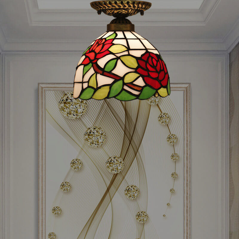 Vintage Tiffany Red Rose Glass Ceiling Light