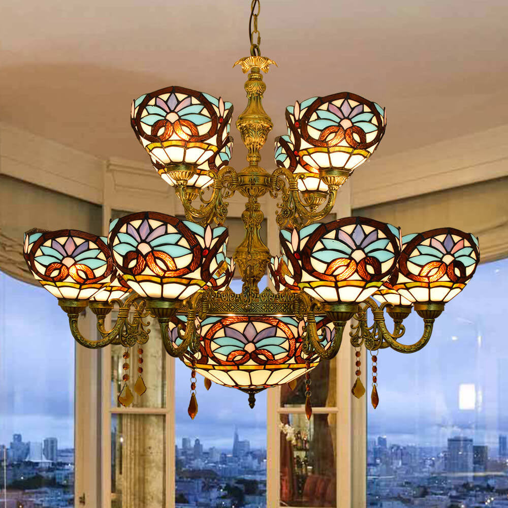 European Tiffany Baroque Stained Glass Chandelier