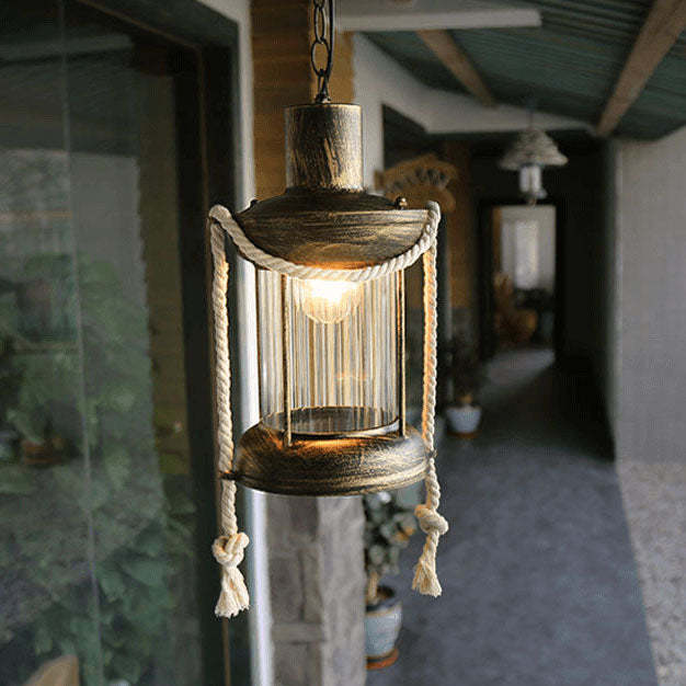 Vintage Hemp Rope Lantern Oil Lamp Iron Pendant