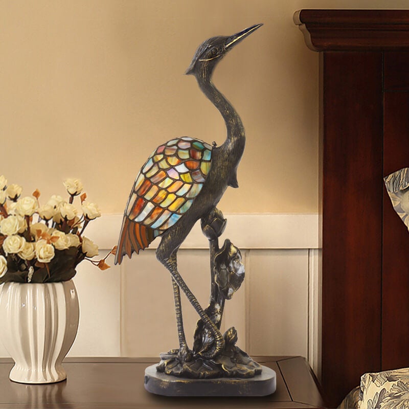 Vintage Tiffany Crane Stained Glass Table Lamp