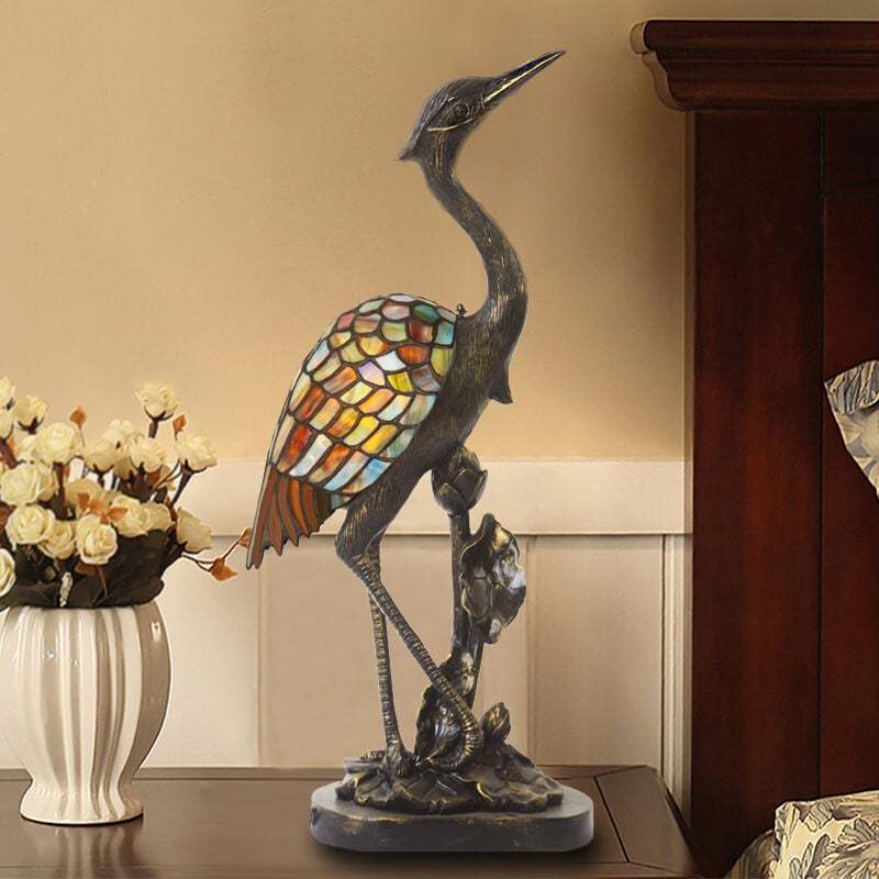 Vintage Tiffany Crane Stained Glass Table Lamp