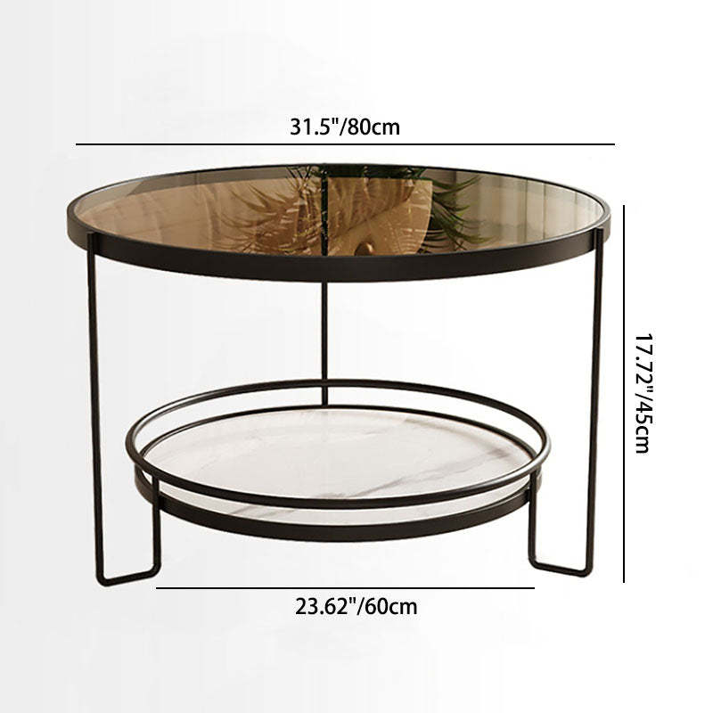 Minimalist Round Glass Rock Slab Coffee Table — Transparent Tabletop + Black Frame