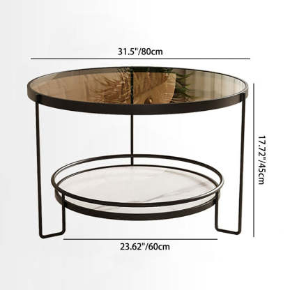 Minimalist Round Glass Rock Slab Coffee Table — Transparent Tabletop + Black Frame