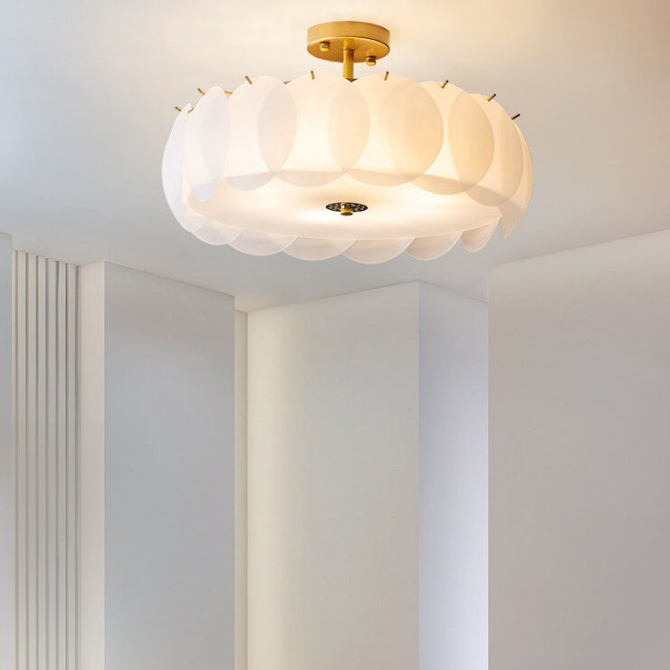 Modern round drum beige glass semi-flush mount light, Lighom — 15.75" W x 10.63" H / 220V-240V (UK/AU)