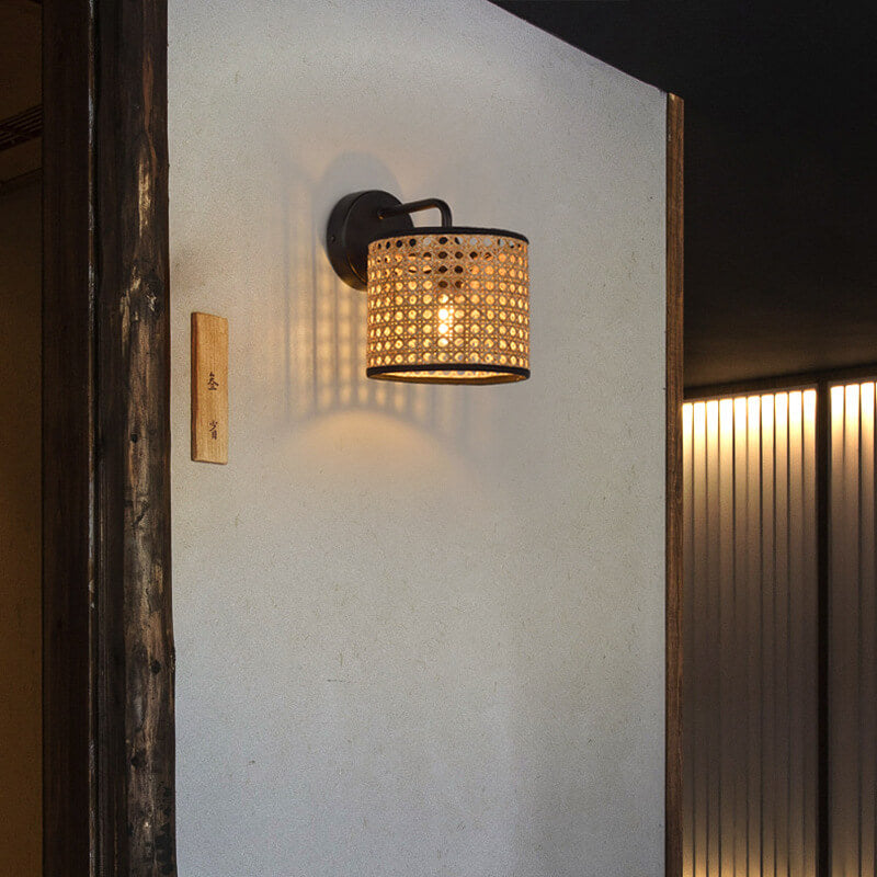 Modern Rattan Woven Drum Wall Sconce