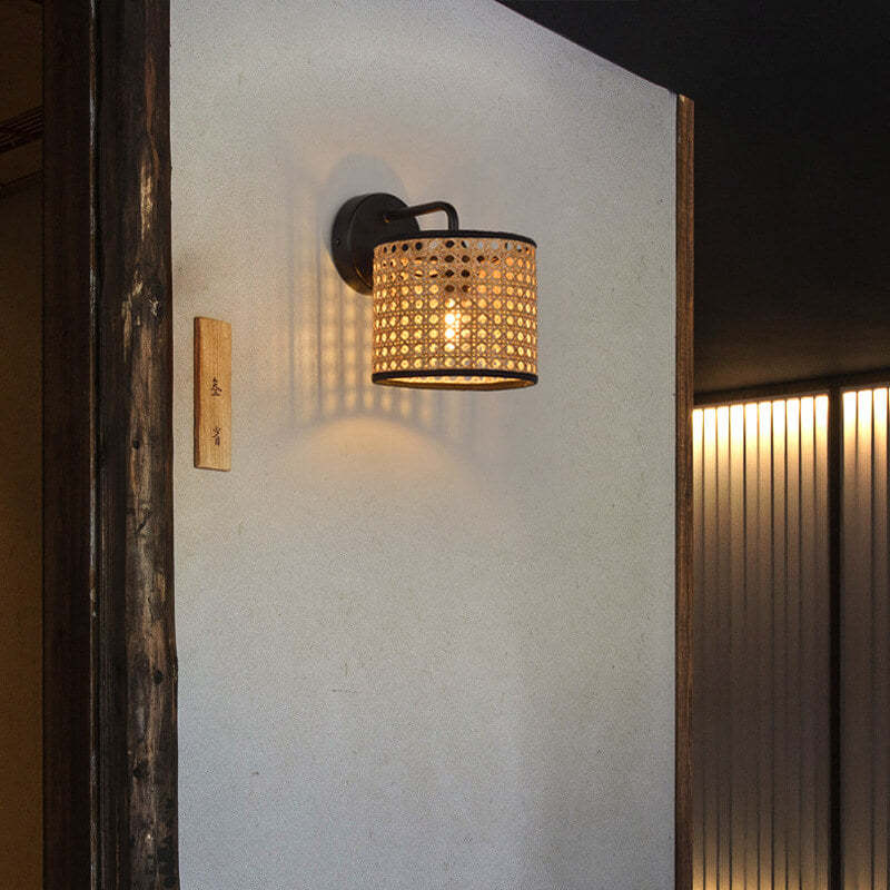 Modern Rattan Woven Drum Wall Sconce