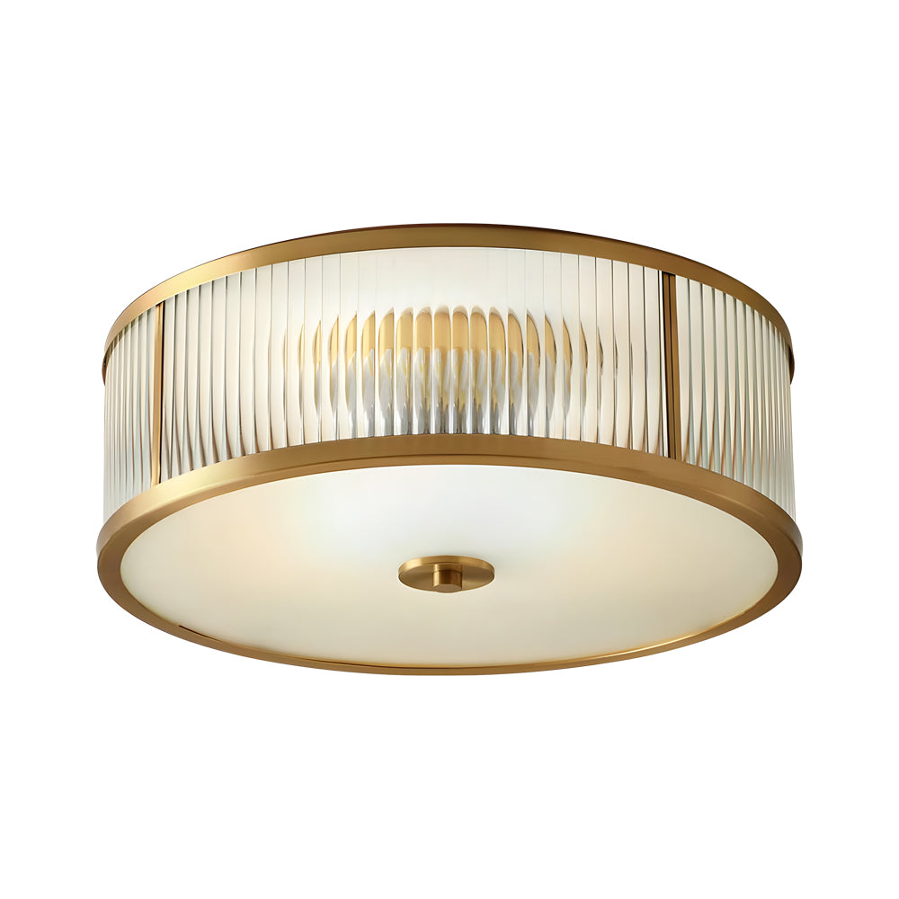 Drum Brass Clear Ribbed Glass Flush Mount Light