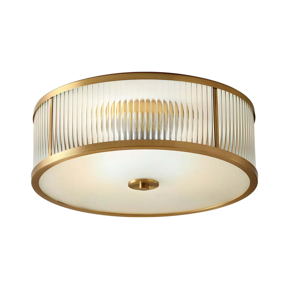 Drum Brass Clear Ribbed Glass Flush Mount Light
