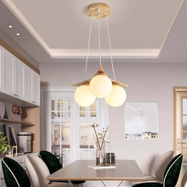 Modern Solid Wood Frosted Glass Ball Chandelier — 3 / White Light (5000K) / 110V-120V For US/CA
