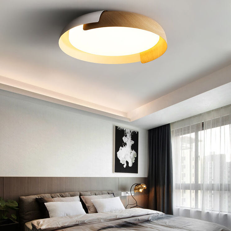 Minimalist bowl round flush mount lighting in wood — Small (12"H / Cool White (6000K) / Gray & White