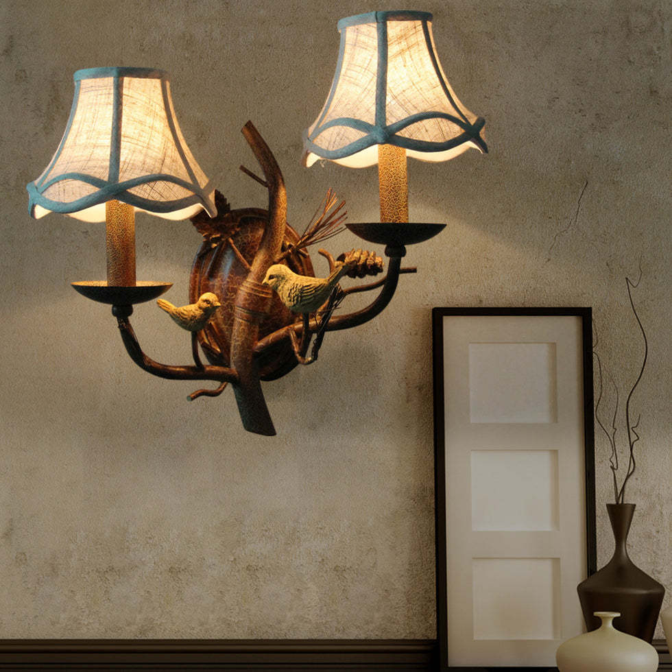 Vintage Fabric Bird Pinecone Resin Sconce