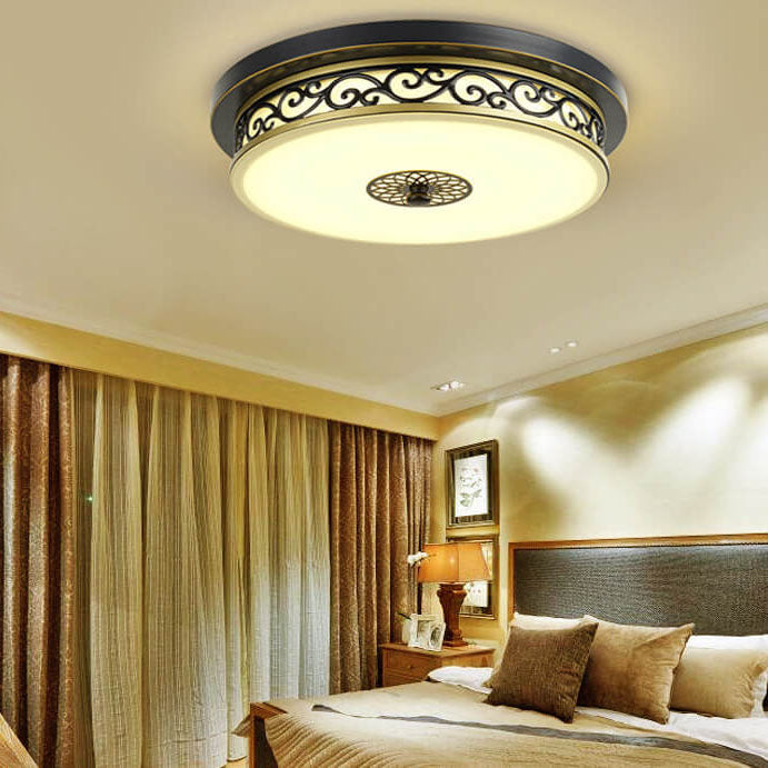 Vintage patterned circle black flush mount lighting — 11.81" W x 4.72" H / Warm White (3000K) / Matte Black