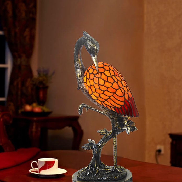 Vintage Tiffany Crane Stained Glass Table Lamp