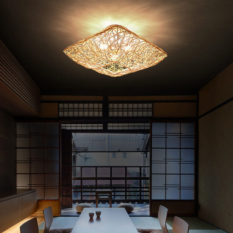 Modern Rattan Nest Square 3-Light Flush Ceiling Light