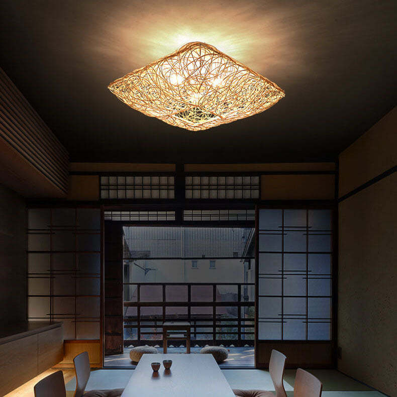 Modern Rattan Nest Square 3-Light Flush Ceiling Light