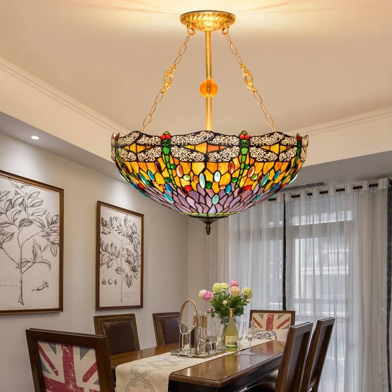 Vintage Tiffany Dragonfly Stained Glass Chandelier