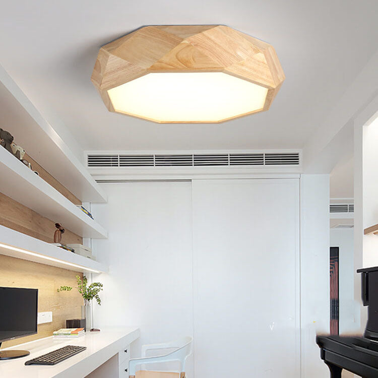 Modern Solid Wood Round Geometric LED Flush Mount Light