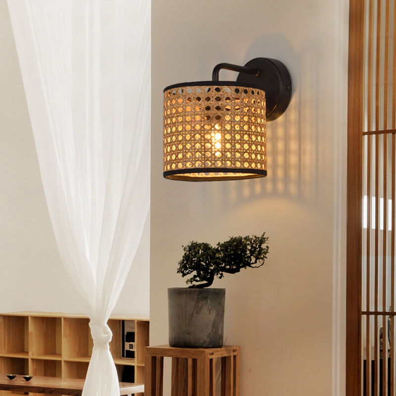 Natural japanese woven drum wall sconces — Rattan / 220V-240V (UK/AU