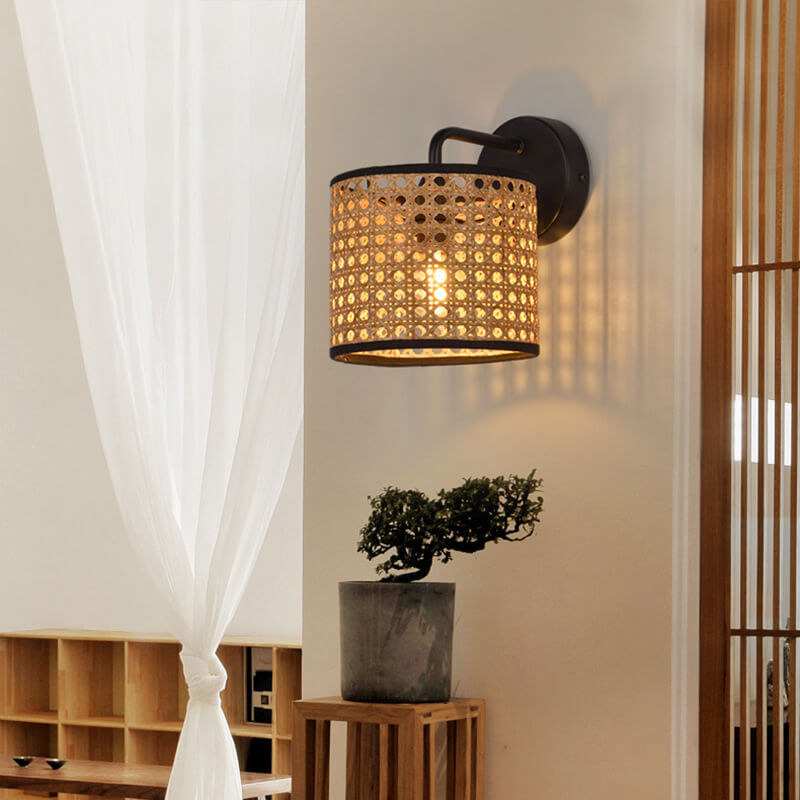Modern Rattan Woven Drum Wall Sconce
