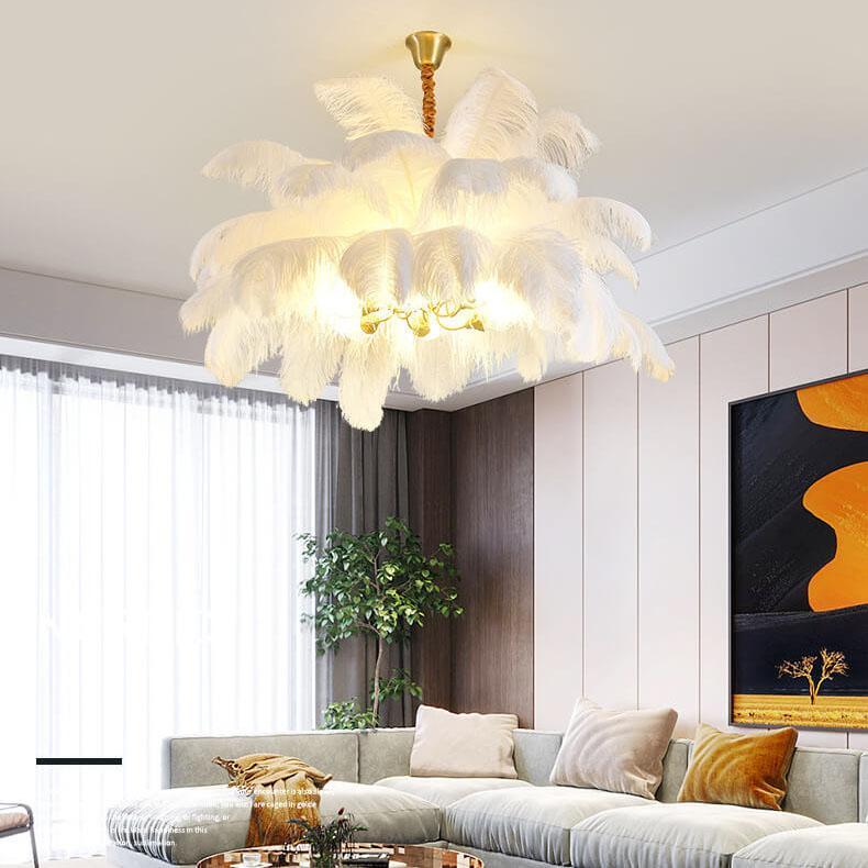 Modern Ostrich Feather Brass Chandelier — Gray / 110V-120V For US/CA