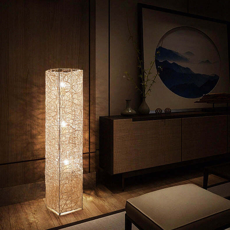 Minimalist Rattan Weaving Column 3-Light Floor Lamp