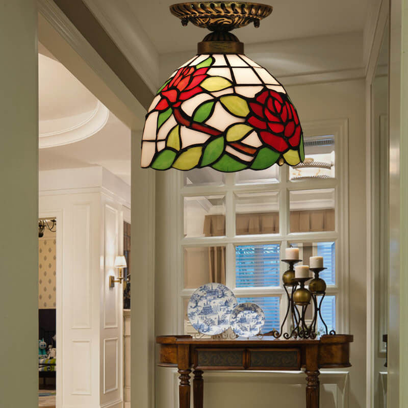 Vintage Tiffany Red Rose Glass Ceiling Light