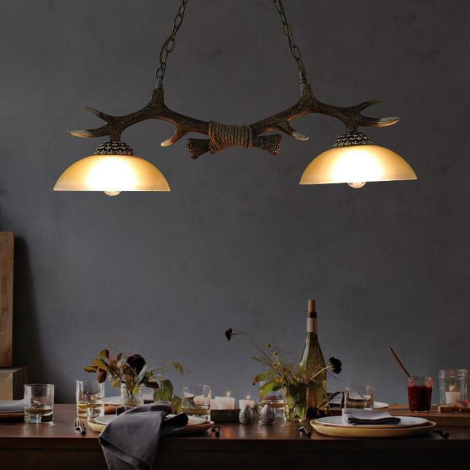 Vintage Resin Antler Glass Bowl Chandelier — Dark Brown / 110V-120V For US/CA