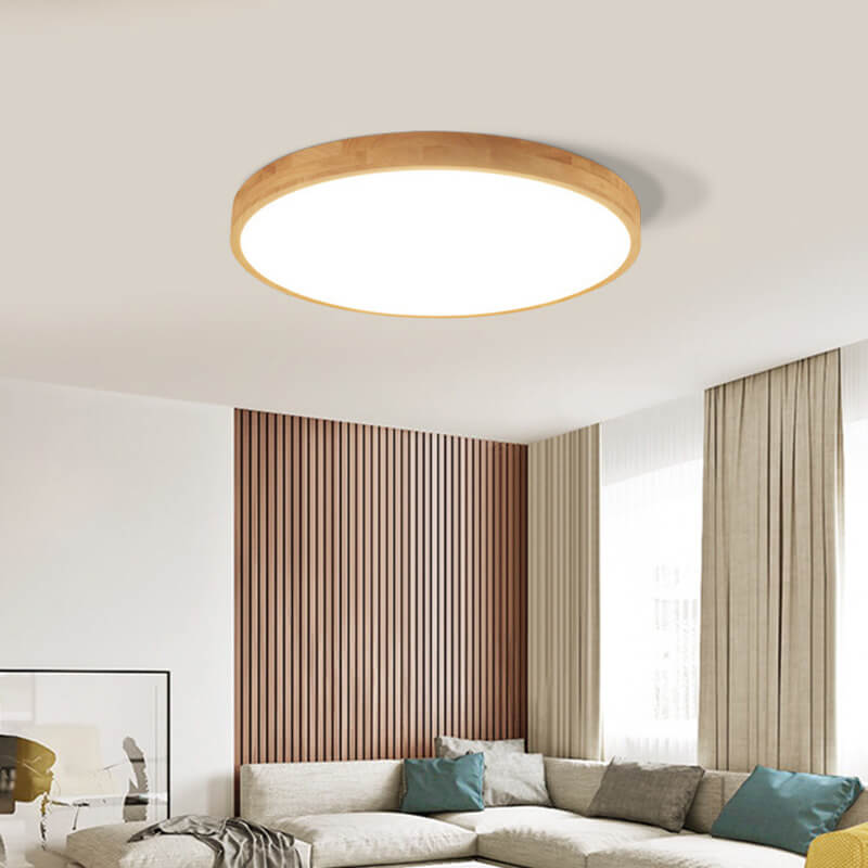 Nordic Solid Wood Round Ultra-Thin LED Flush Mount Light