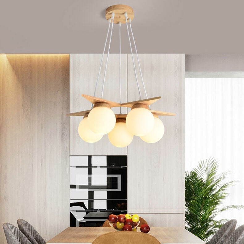 Modern Solid Wood Frosted Glass Ball Chandelier