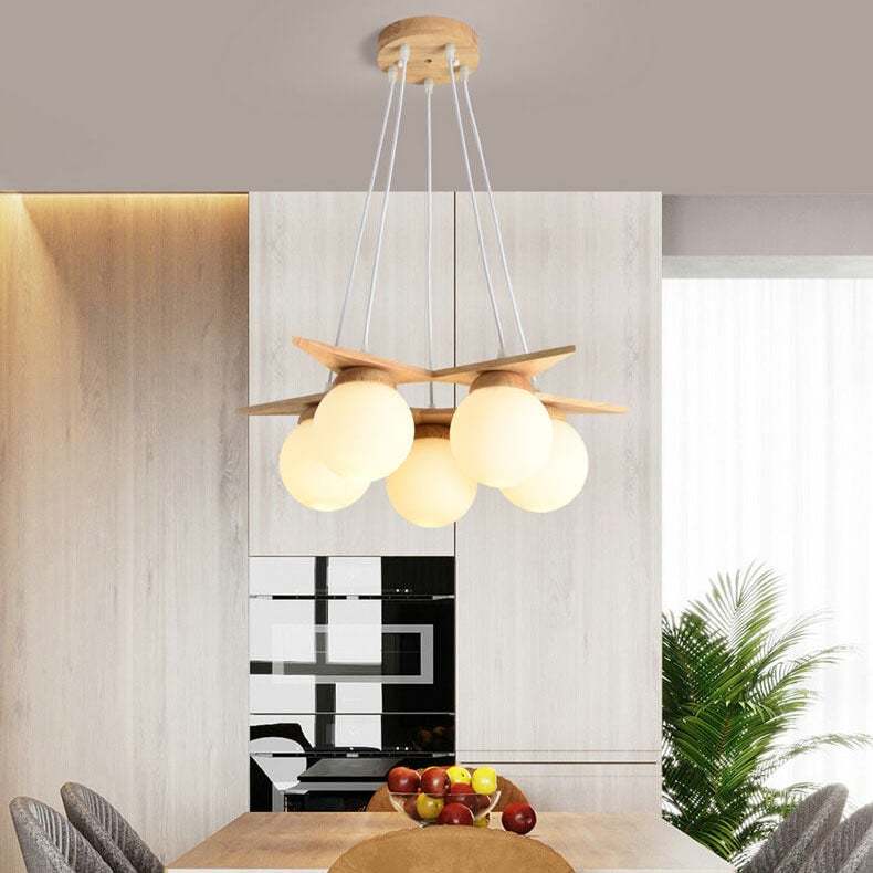 Modern Solid Wood Frosted Glass Ball Chandelier
