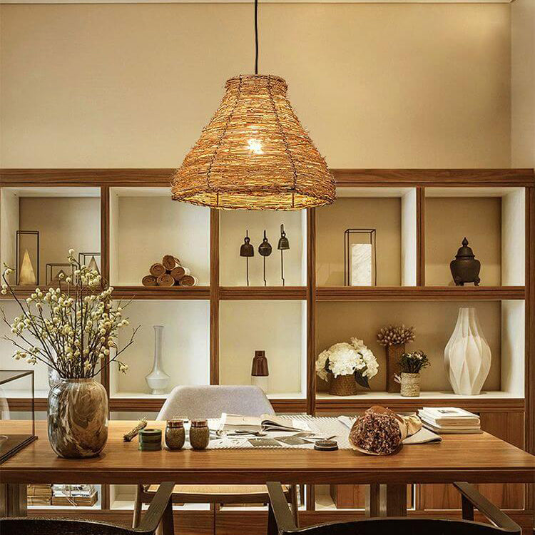 Retro Rattan Woven Dome Pendant Light